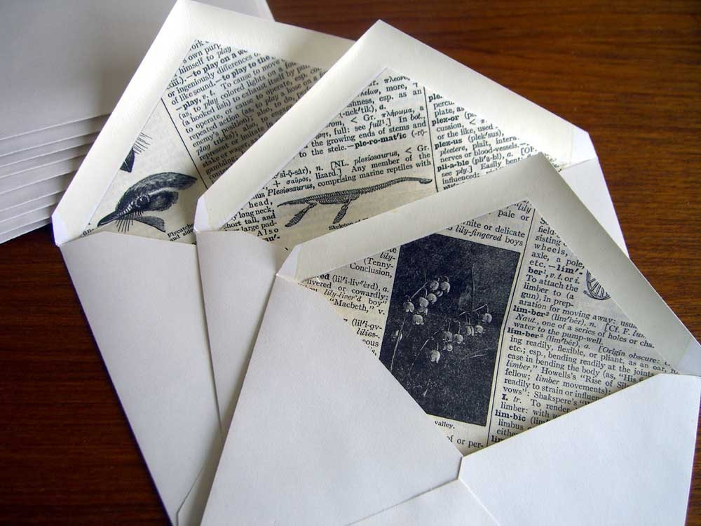Writers envelopes  lined with  vintage dictionary paper.  A2 set of 12.  Words and engraved images.