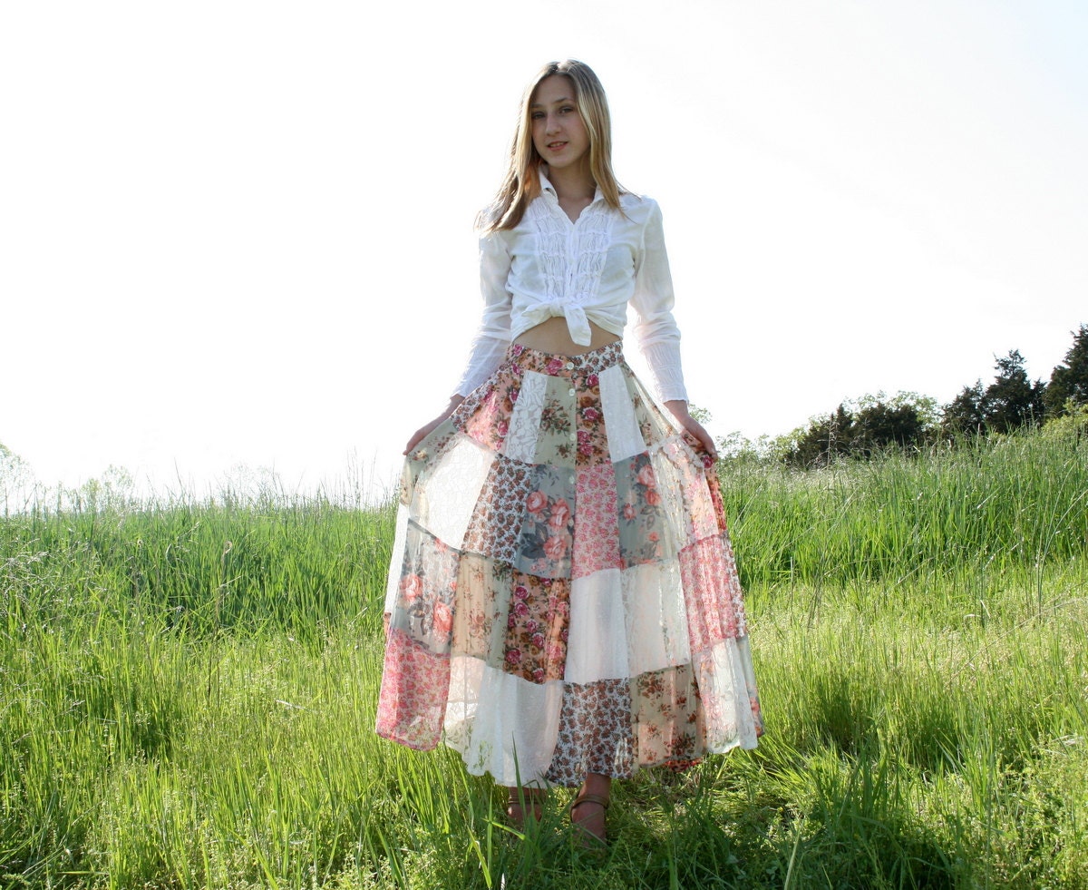Romantic Vintage PATCHWORK and LACE Button Up Maxi Skirt SM