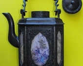 Antique Chinese Hexagonal Metal Tea Pot with relief medallion and mini painting of village life