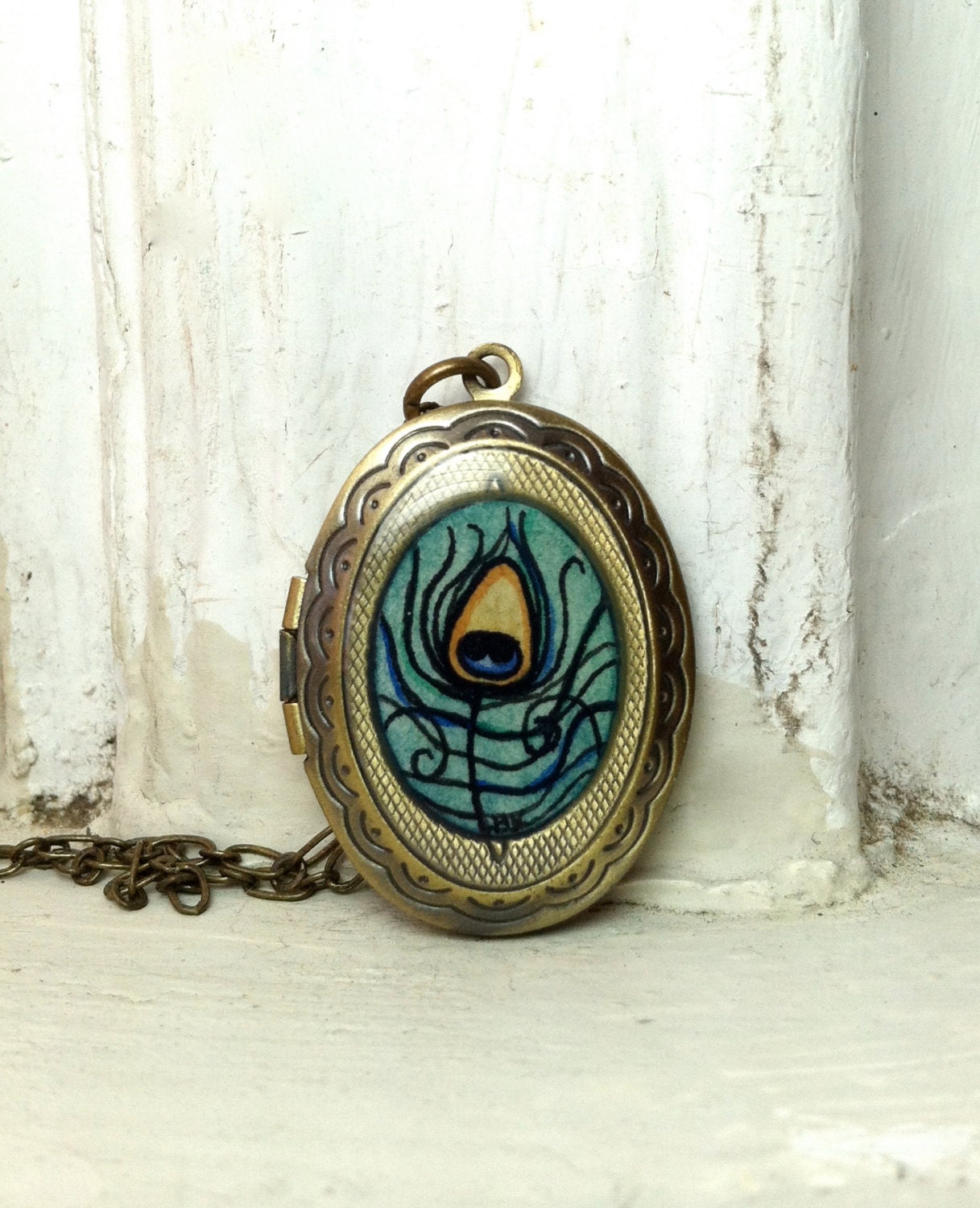 Emerald Peacock Feather Art - Original Hand Painted Necklace, Photo Locket