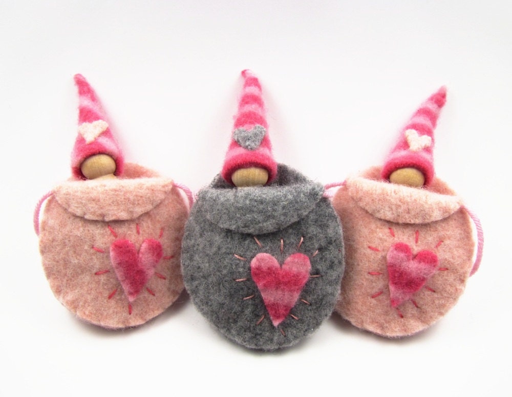 Pink Valentine's Day Gnome, Waldorf Gnome Playset, Felted Wool and Wood Doll