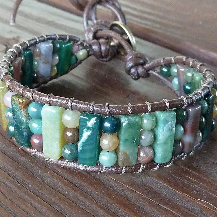 Fancy Jasper Cuff Bracelet - Brown Leather Bracelet, Mixed Color Fancy Jasper Beads