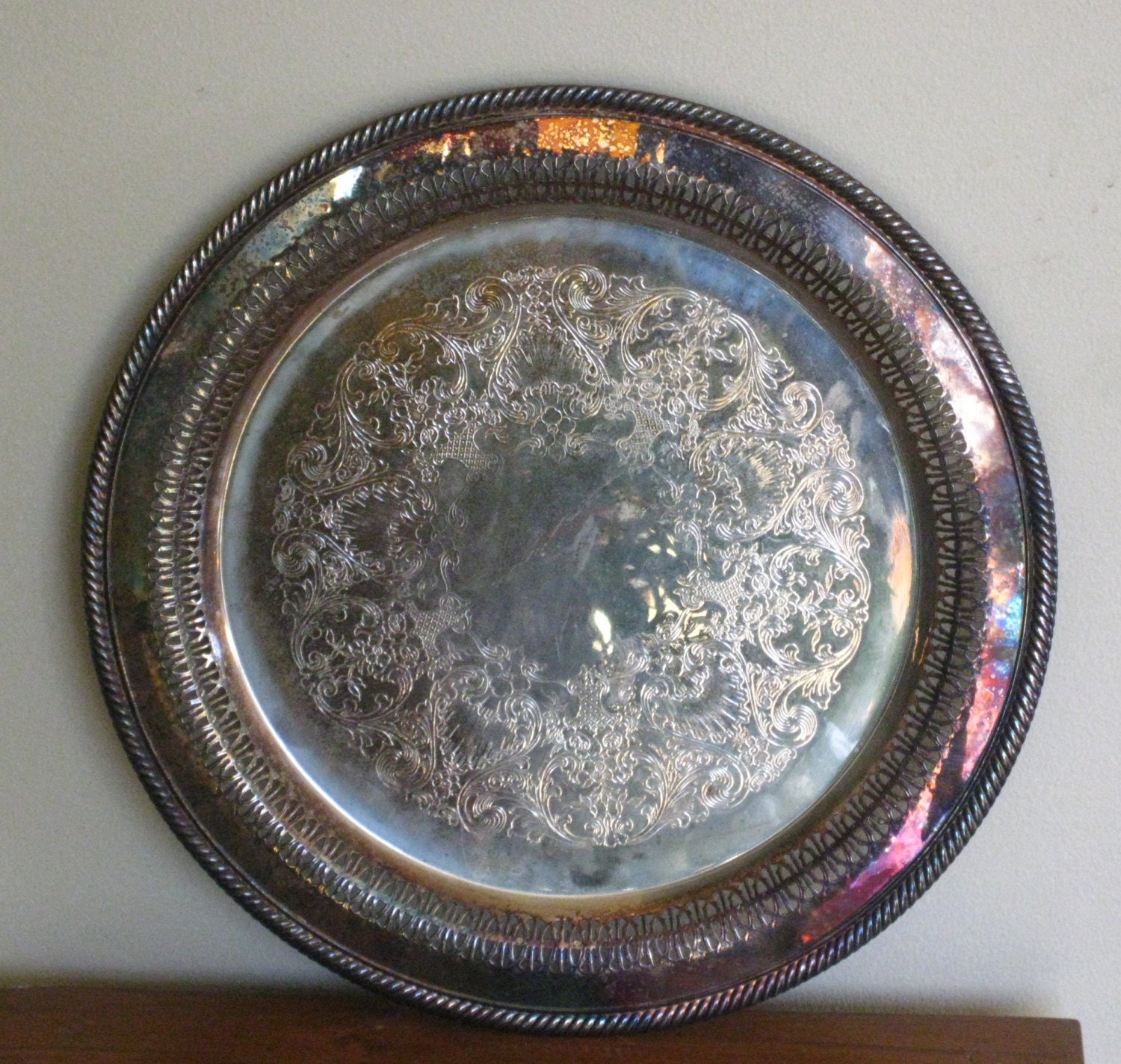 Items similar to Vintage Round Silverplate Tray Wm Rogers 170 Tarnished