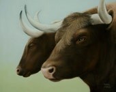 COW Painting ORIGINAL 11 x 9"  Pastel Painting Farm Barn Animal Cows Painting Steers Country green brown horns Art Gift