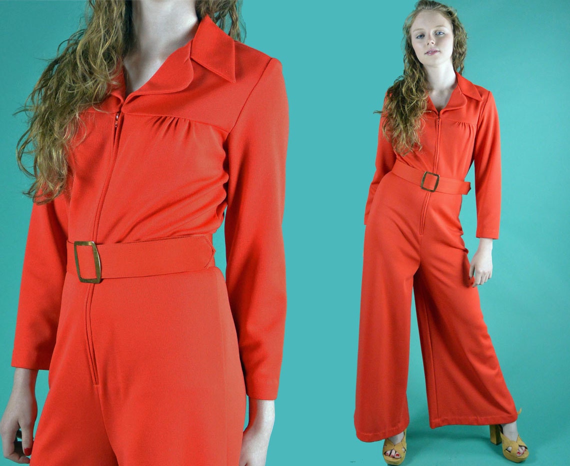 Womens Mod Jumpsuit / 70s Vintage Bell Bottom Jumpsuit Disco Jumpsuit / Red Retro Hipster One Piece Jump Suit XS / S