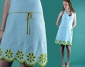 90s Vintage Sun Dress / Backless Halter Dress / Mini Halter Summer Dress / Blue Cotton Pique Party Dress Cutout Scalloped Hemline S