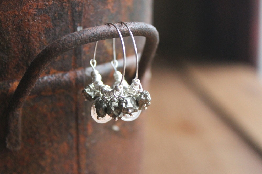 Xanadu Bright .925 Sterling Silver Hoops with Pyrite Nugget Dangles and Sterling Silver Chinese Coin