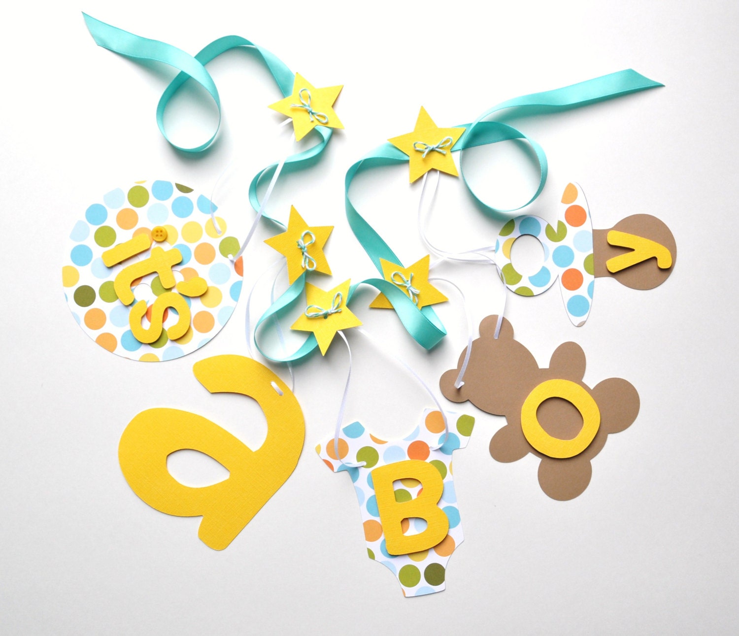 Yellow and turquoise baby shower decorations, polka dot it's a boy banner by ParkersPrints on Etsy