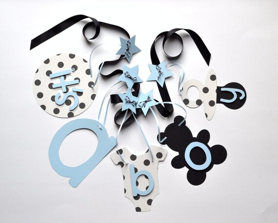 Blue and black polka dot baby shower decorations it's a boy banner by ParkersPrints on Etsy Il_570xn