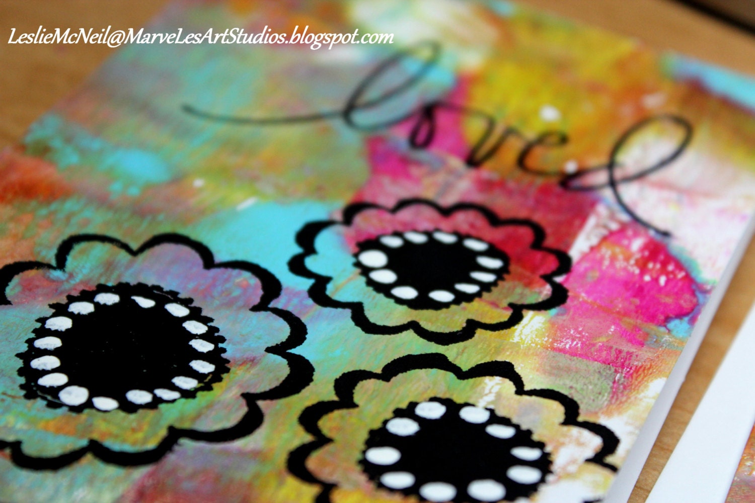 MarveLes  SET of THREE Mixed Media Prints Greeting Cards white cardstock pink lime green turquoise yellow silver gold