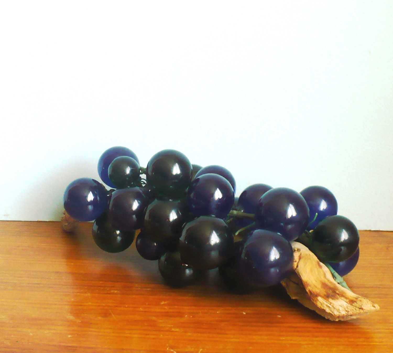 Lucite Grapes Large Heavy Cluster on Wood Base