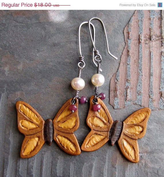 SALE SALE Rugged Butterfly Earrings with Fresh Water Pearl and Ruby