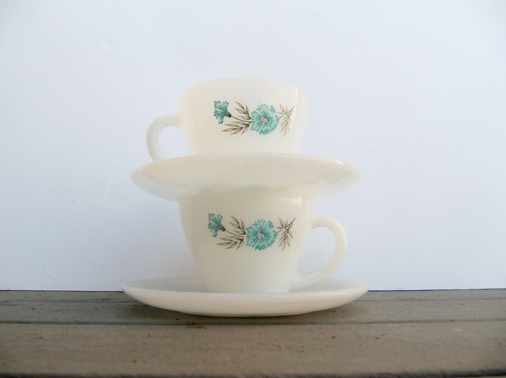 Fire-King Bonnie Blue Flowers Teacups and Saucers