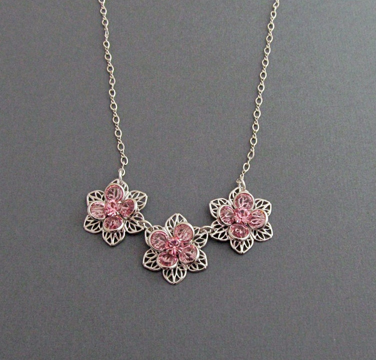 Silver Flower Necklace Pink Flower Necklace Bride Necklace Bridesmaid Swarovski Crystal Sterling Silver - Ariana