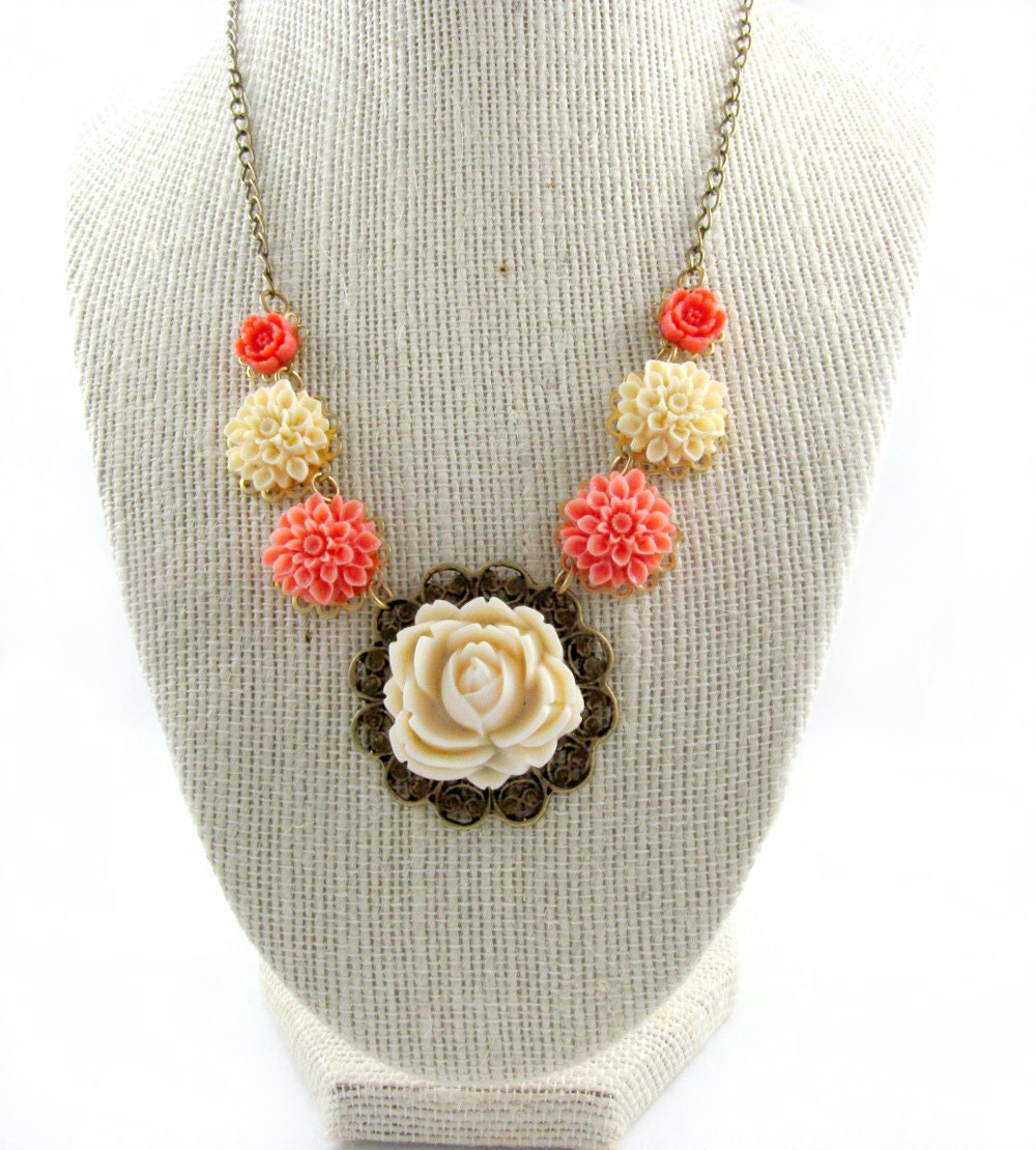 Summer Flower Necklace Ivory Rose Necklace Coral Flower Necklace Garden Wedding Cottage Chic Statement Necklace Cherry Blossom - Elizabeth