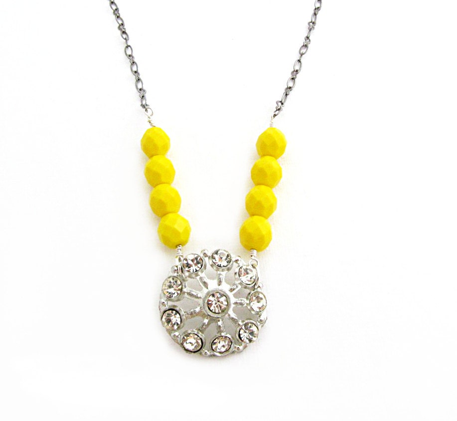 Rhinestone Beaded Necklace Neon Yellow Beaded Necklace Art Deco Rhinestone Necklace Vintage Rhinestone Statement Necklace Silver - Marissa
