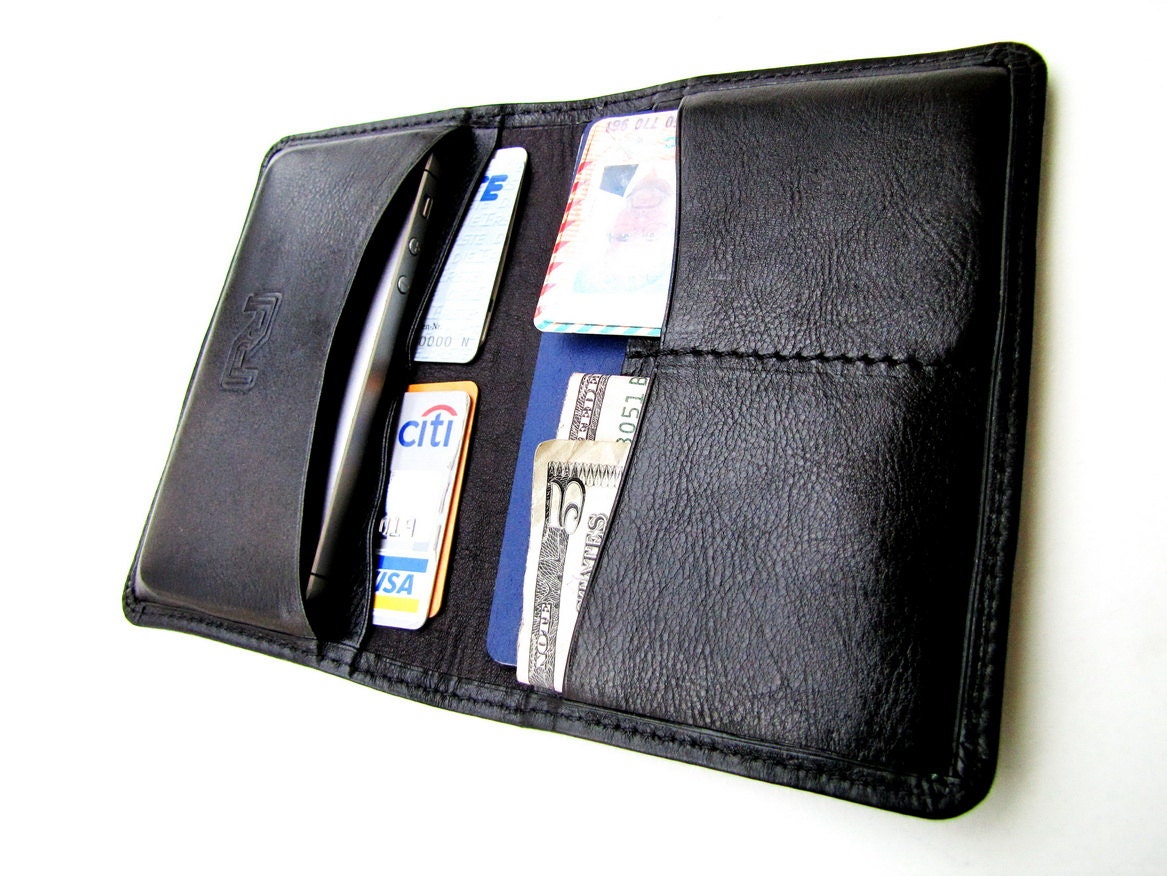 The Best Gift for Father's Day. Personalized iPhone 4 / 5, Passport / Card Case & Wallet. Premium Selection, Midnight Black Italian Goatskin