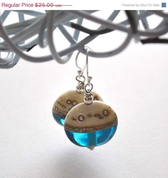 ON SALE Beachy Blue Lampwork Glass Earrings, Nautical, Ocean, Aqua Blue Dangle