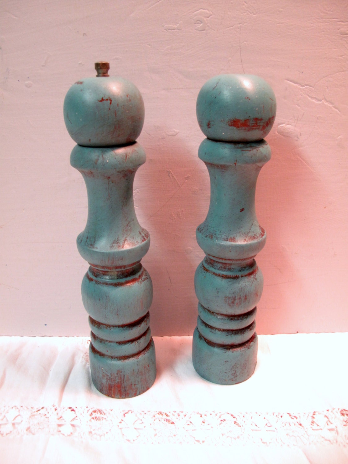 Upcycled  Vintage  Wood  Salt Shaker with Pepper Mill.  Distressed in Florence/ Aqua.