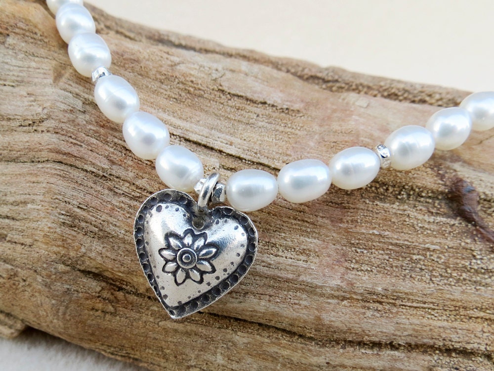 White Freshwater Pearl and Fine Silver Lotus Heart Necklace, Zen, Yoga Handmade Jewelry by CreativeGypsy on Etsy