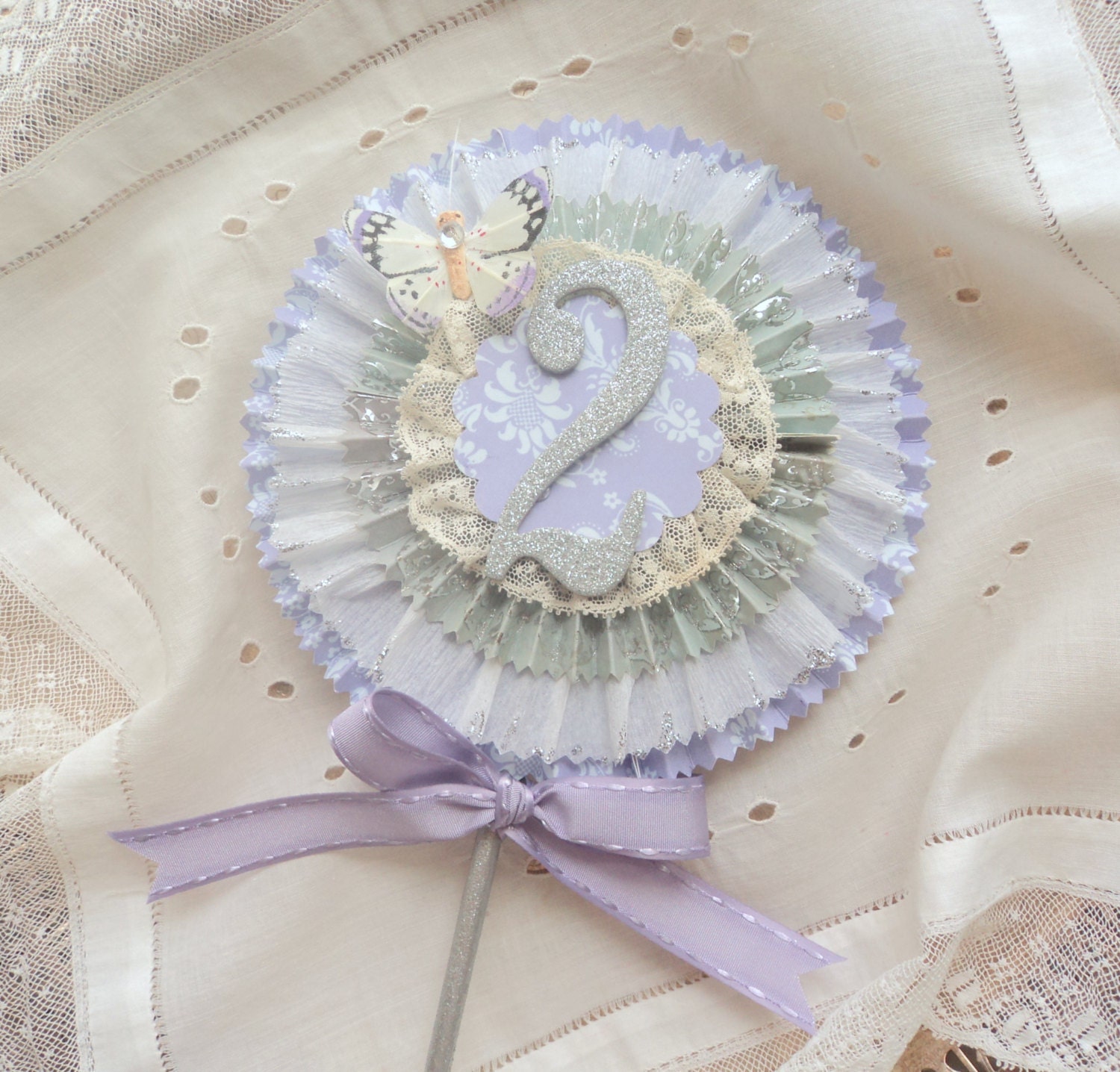 Flutterby Baby. Lavender and Lace Birthday Cake Topper with Birthday Number