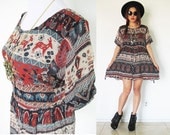 Vintage 70's 80's Egyptian print NEW DEADSTOCK hippie bohemian boho festival india pleated native tribal ethnic summer day dress grunge