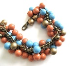 Swarovski Blue and Tangerine Tango Gold Pearl Charm Bracelet - PluffMudDesigns