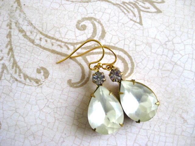 20% Sale - Vintage Pear Shaped Frosted White Stone and Lilac Swarovski Rhinestone Earrings