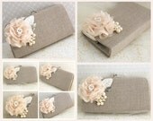 Clutch Linen Bridal and Bridesmaids Clutch Shabby Chic Rustic Wedding in Ivory and Nude -Set of 9