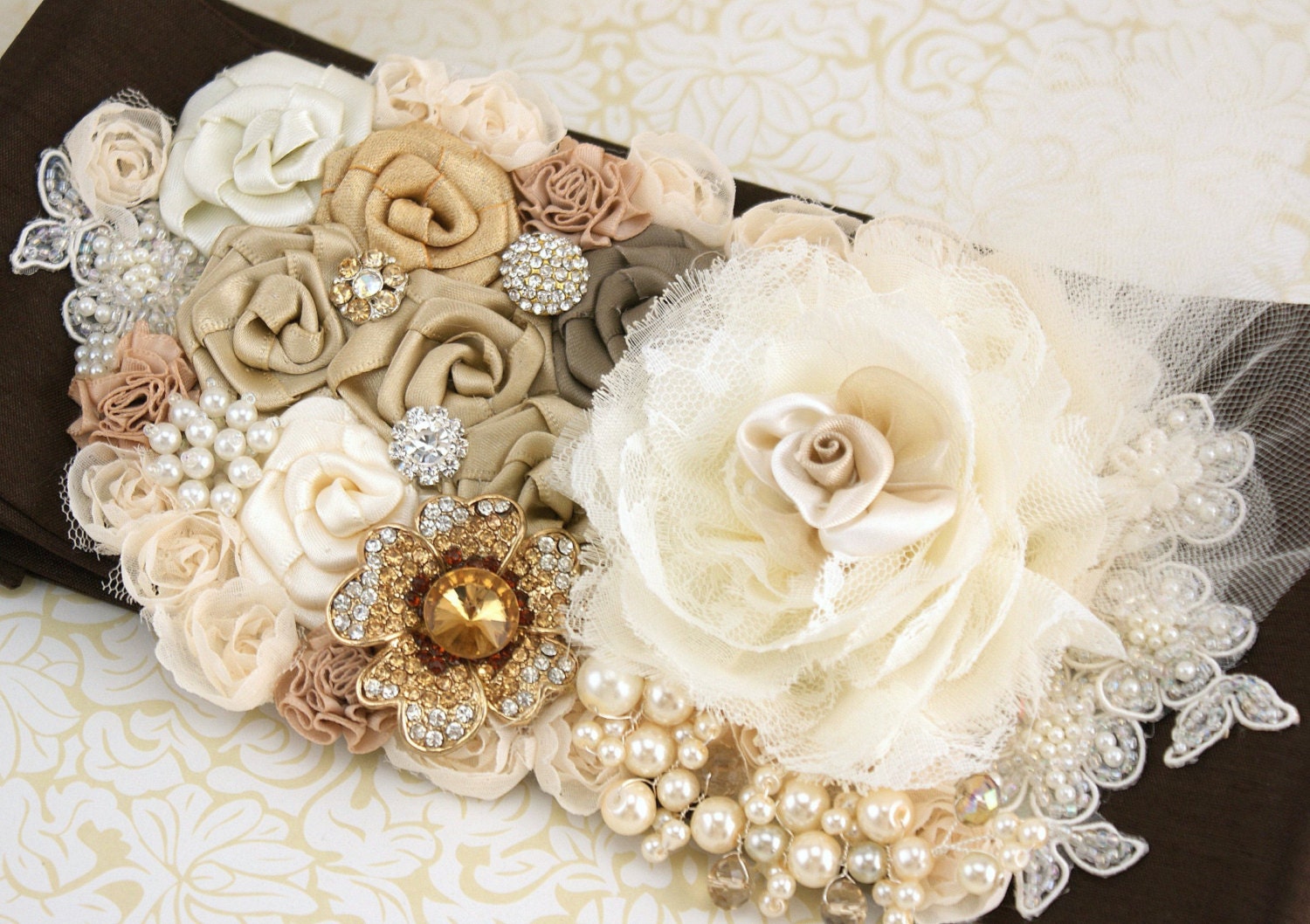 Sash- Bridal Sash in Chocolate Brown, Gold, Champagne, Cream and Ivory with Dupioni Silk, Crystal Brooch and Pearls