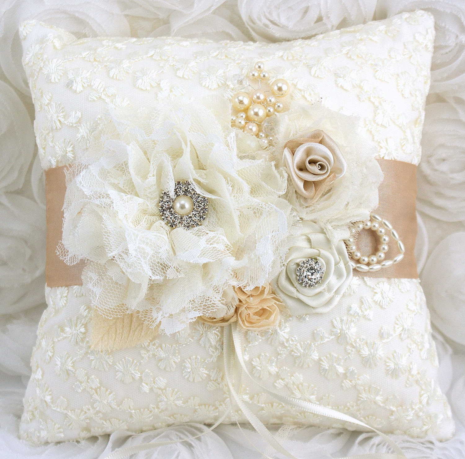 Ring Bearer Pillow Bridal Pillow in Ivory and Champagne with Lace, Handmade Flowers and Jewels Vintage Inspired