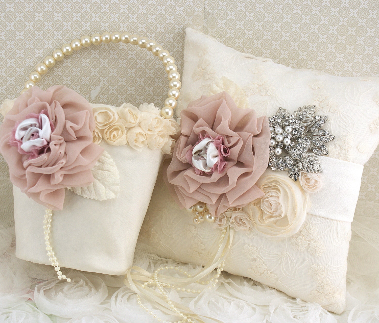 Flower Girl Basket and Ring Bearer Pillow Set in Ivory and Blush with Lace, Pearls and Crystal Brooch