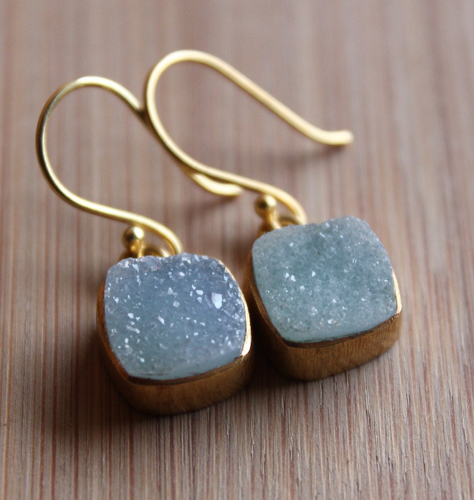 Aqua Blue Druzy Earrings - Cushion Dangles - Gold Plated
