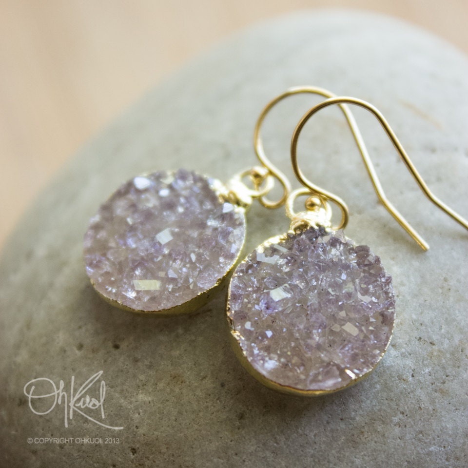 Gold Mauve Purple Druzy Earrings - Round Drop Earrings - 14K Gold Filled