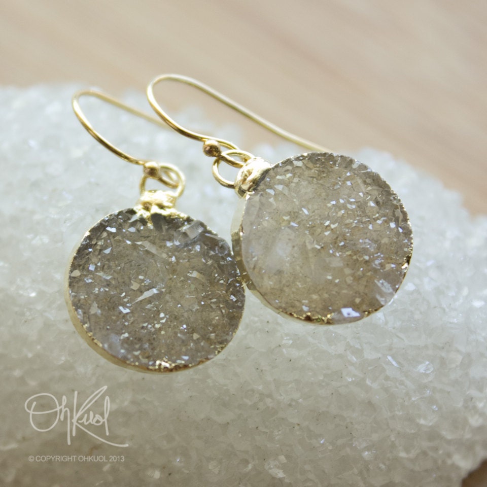 Gold Moss Grey Agate Druzy Earrings - 14K Gold Fill - Simple Drop Earrings
