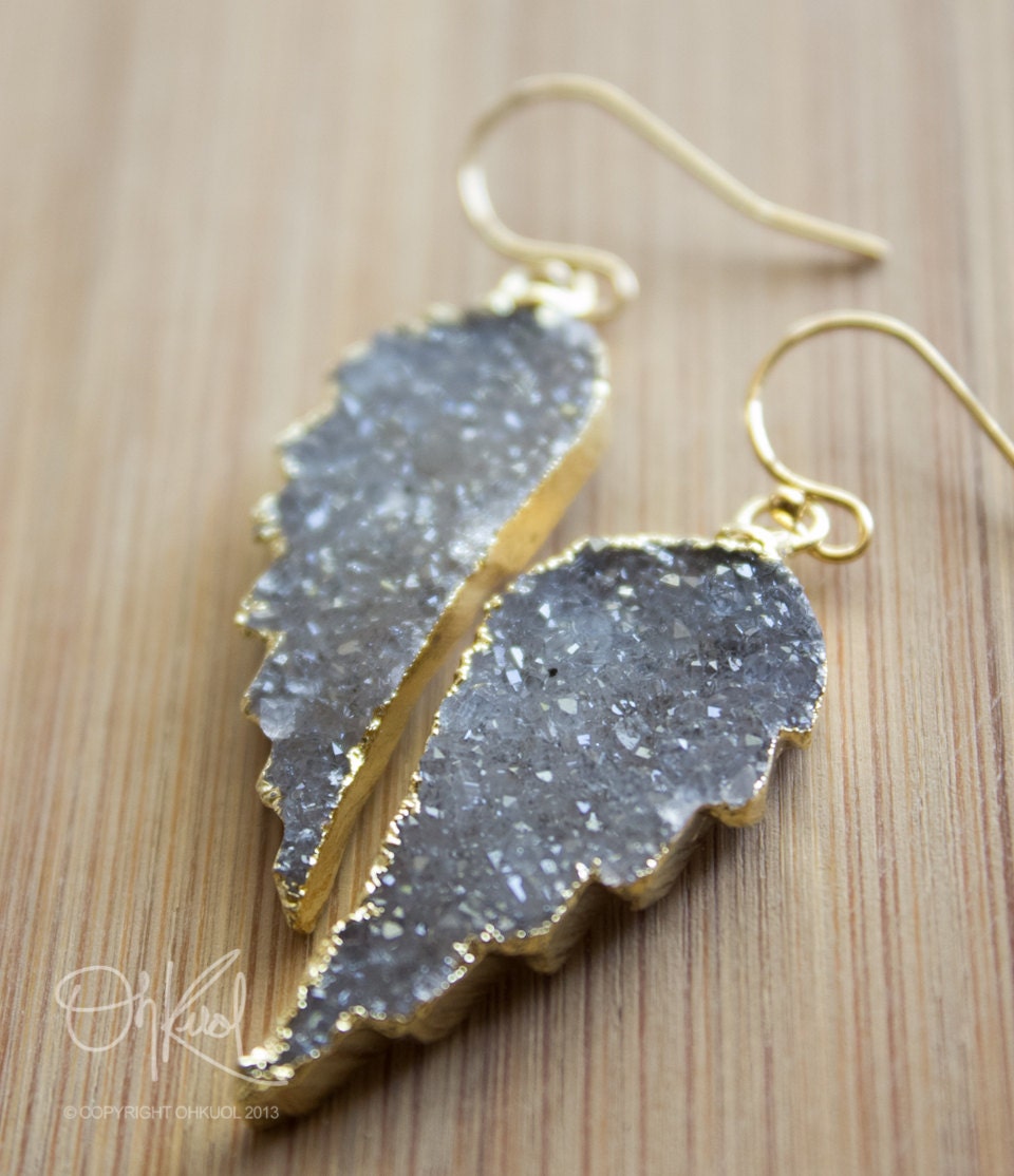Gold Charcoal Grey Agate Druzy Angel Wing Earrings - 14K Gold Fill