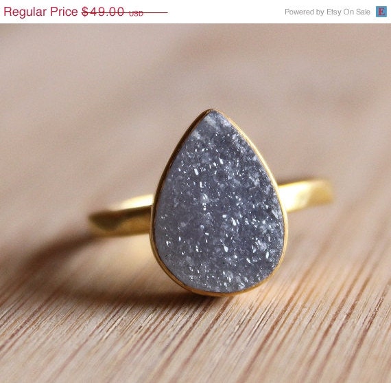 CLEARANCE SALE Gold Charcoal Grey Druzy Ring - Teardrop Stone - Size 5 Ring
