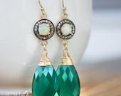 Memorial Day SALE Gold Fire Opal and May Emerald Green Onyx Earrings - Diamond Encrusted - 14K Gold Fill