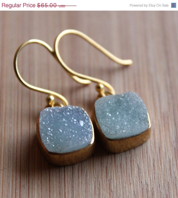 Memorial Day SALE Aqua Blue Druzy Earrings - Cushion Dangles - Gold Plated