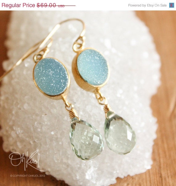Memorial Day SALE Green Amethyst and Aqua Blue Druzy Earrings - 14K Gold Fill - A Summer Breeze