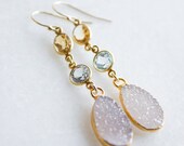 SALE 15 OFF Gold Sky Blue Topaz, Citrine, and Druzy Slice Gemstone Earrings - 14K Gold Fill - Long Dangle Earrins
