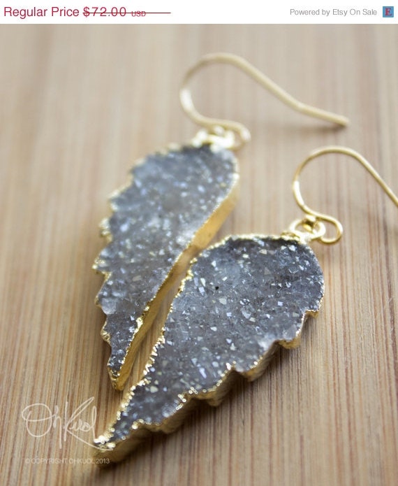 SALE 15 OFF Gold Charcoal Grey Agate Druzy Angel Wing Earrings - 14K Gold Fill