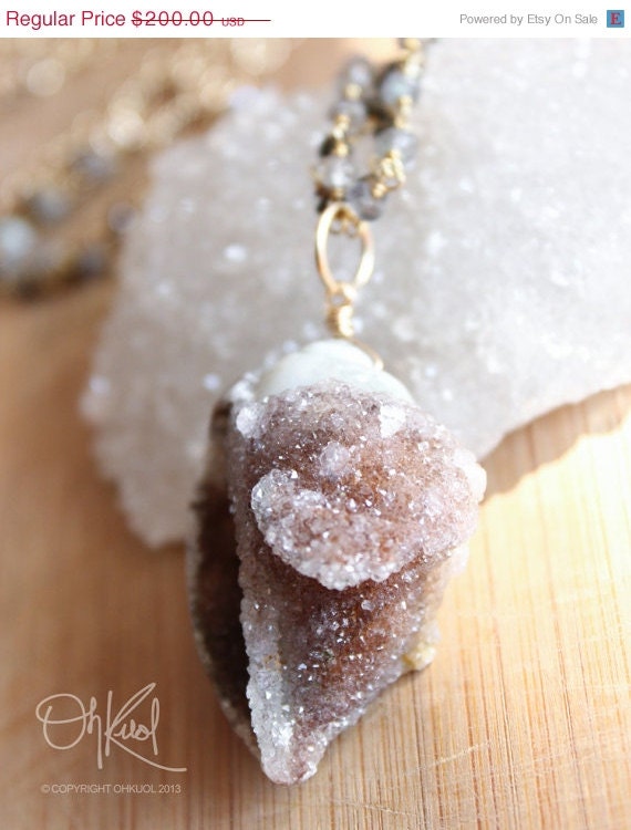 SALE 15 OFF Fossilized Sea Shell Druzy Necklace with Blue Labradrorite and Black Pyrite Chain - 14K Gold Fill