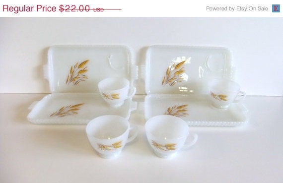 On Sale Vintage wheat snack plate set milk glass