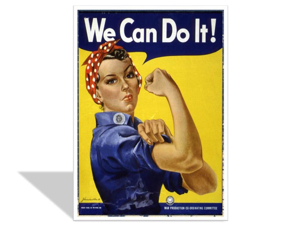 Rosie the Riveter encouragement card , We Can Do It , Yellow and Blue , 5x7 card , feminism , women , female workers , propaganda