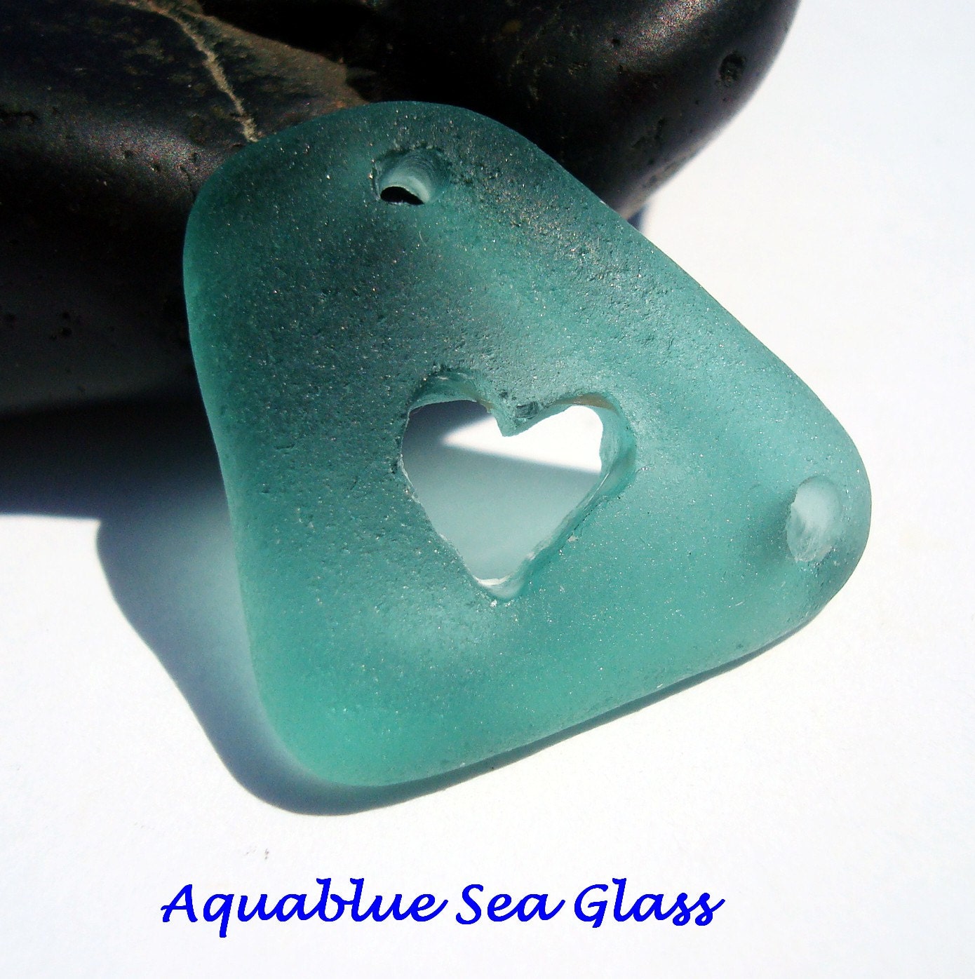 DOUBLE DRILLED And Heart Carved  Sea Glass  RARE Aqua / Teal  For Bracelet Pendant Necklace Or Connector (575)