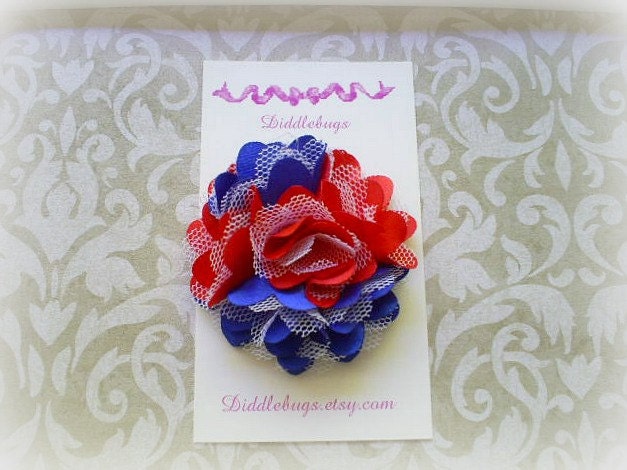 Red White and Blue Satin and Tulle Flower Hair Clip, Girls Patriotic Flower Hair Clip, Fourth Of July Hair Clip