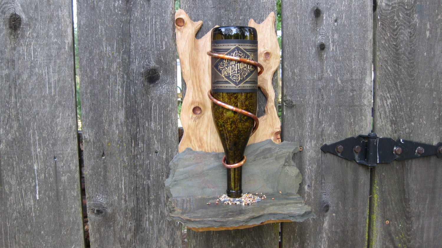 Bird Feeder Sculpted Pine and Rustic Slate With Wine Bottle