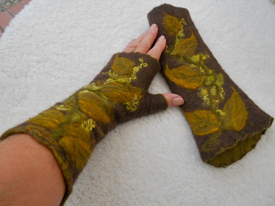 Fingerless Gloves "Autumn Leaves" Mittens Pure Merino Wool Hand Felted Arm and Hand Warmers