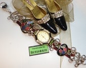 Handmade Recycled Watch and Jewellery Bracelet with Vintage Embroidered Ribbon, Wearable Art Bracelet